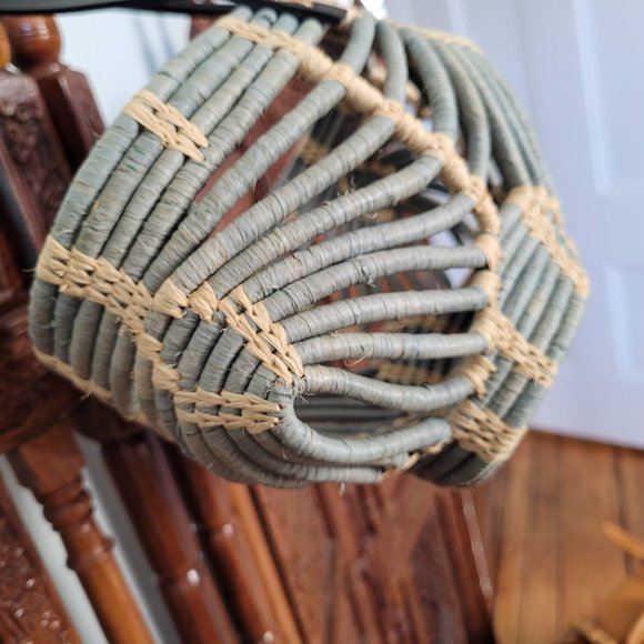 Sans-Arcidet Collection Designer Turquoise and Tan Raffia Woven Basket Bag - Picture 5 of 16